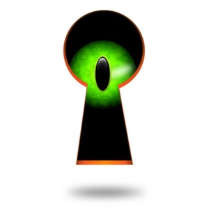 An image of a creepy keyhole with someone (or something) watching you.