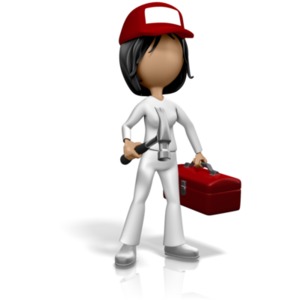 An image of a handywoman/carpenter holding a toolbox and hammer.