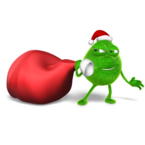 A clip art illustration of a grinchy character sneaking off with Santa&#039;s bag.