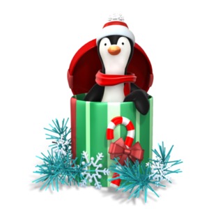 An image of a Christmas penguin peeking out of a present.