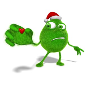This image shows a grinchy style character holding out its tiny heart.  You could use this graphic to illustrate self realization, lacking in emotion or being uncaring / unkind.