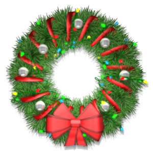 A clipart image of a Christmas wreath with  lights hanging on it.