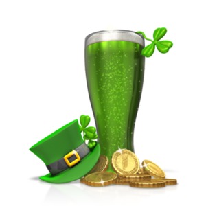 This holiday clip art image celebrates st patricks day by showing a tall glass of green beer surrounded by gold, clovers, and a green leprechaun hat.