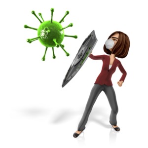 An image of a businesswoman fighting off a virus with a protective shield as her defense.