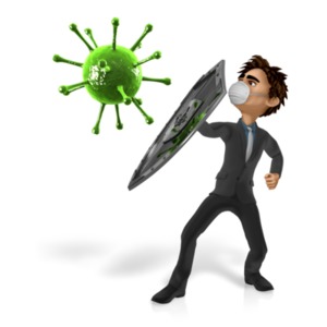 An image of a businessman fighting off a virus with a protective shield as his defense.