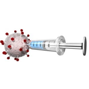 This clipart image shows a syringe with a vaccine being injected into a virus.