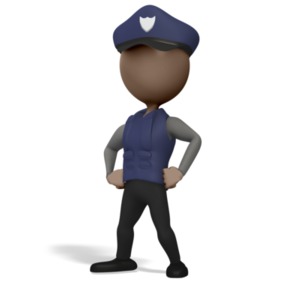 A 3D stickfigure dressed as a police officer or security guard stand proud with hands on hips.