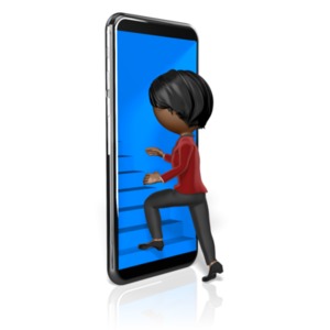 A stick woman begins climbing a staircase inside a phone.