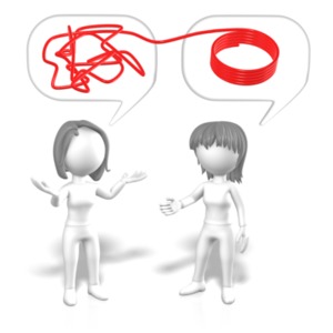 Two female figures communicate, but one is confused while the other help makes sense of the situation.