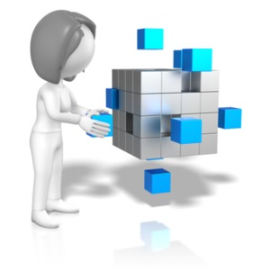 A stick woman grabs a blue cube from an array of cubes. This clip-art can represent finding the right item.