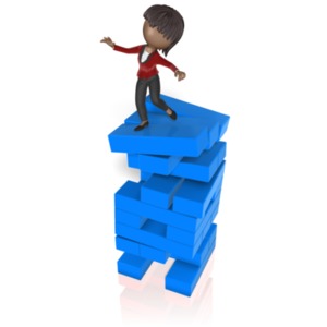 A stick woman balances precariously on top of some stacked beams.