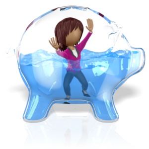 A stick woman is stuck inside a glass piggy bank filled with water.