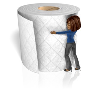 A woman happily hugs a giant roll of toilet paper.