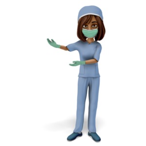 A medical woman stands and makes a presentation gesture to whatever you place beside or behind.