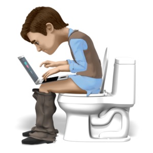 A man sits on a toilet while typing on a laptop computer. This clip-art can represent working from home.