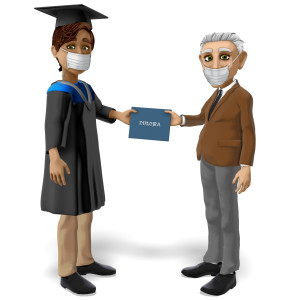 A graduating student receives his diploma from a school staff member.