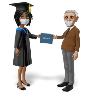 A graduating student receives her diploma from a school staff member.