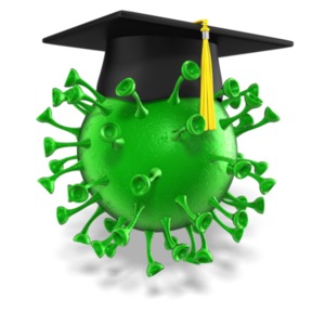 A virus wearing a graduation cap. This clip-art can represent a viral pandemic affecting graduation.
