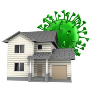 A giant virus hovers outside a home. This clip-art can represent self-quarantining.