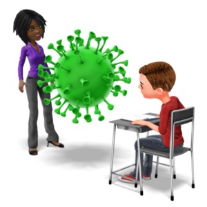 A boy student and teacher a separated by a giant virus.