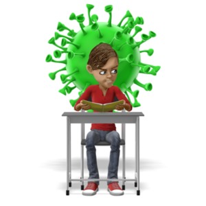A student tries to read as a giant virus hides behind.