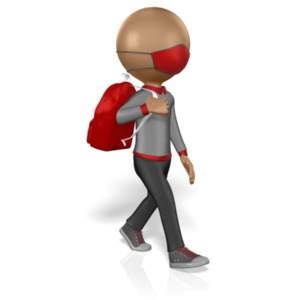 A student wearing a germ mask carries his backpack as he walks.