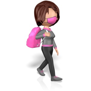 A student wearing a germ mask carries her backpack as she walks.