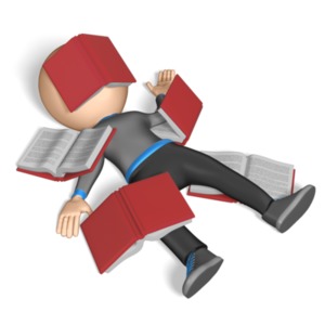A figure lays on the ground unconscious with several books on top of him.
