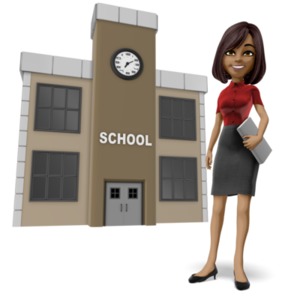 A teacher holding a book stands in front of a school building.