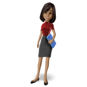 A female teacher stands holding a book as she smiles.