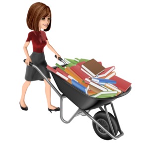 A teacher pushes a wheelbarrow full of books.