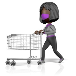 An image of a 3D figure wearing a mask pushing an empty shopping cart.