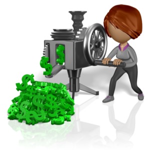 A stick figure cranks a machine to produce a pile of dollar symbols. This clip-art displays someone laboring to make a profit.