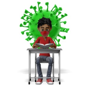 This education clipart shows a student wearing a mask sitting at a desk reading while a huge virus peeks from behind.