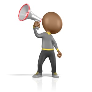 An image of a 3D figure speaking through a bullhorn or megaphone. A concept of getting your message out to a crowd.