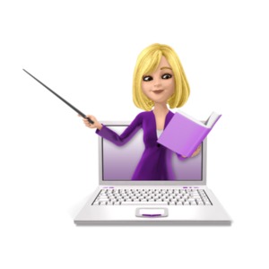 A concept of distance or remote learning with a teacher coming out of a laptop screen. Customize the skin, hair and accent colors of this image. 