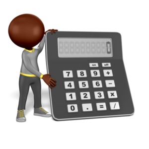 This clip art image shows a standing figure holding up a large calculator.
