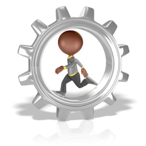 This image shows a figure running inside of a large chrome gear.