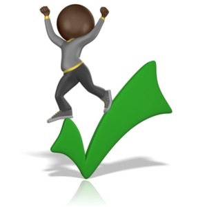 An image of a figure standing on top of a large green check mark, with his arms raised in celebration. A concept of a job well done, or completing a task.