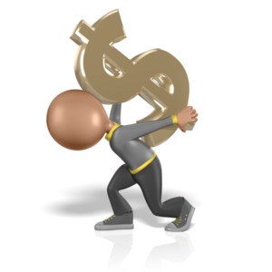 An image of a figure carrying a large gold dollar symbol on his back. This could be used as a metaphor for heavy debt or other monetary burden.