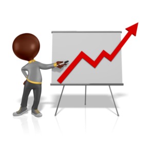 An image of a figure holding a pen presenting or pointing at an red arrow going up.