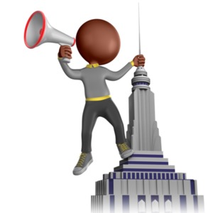 An image of a figure standing on top of a skyscraper shouting through a megaphone. A concept of broadcasting or getting your message out.