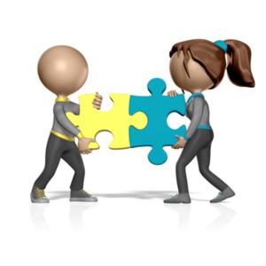 An image of a stickman and stickwoman figure holding puzzle pieces and fitting them together. A concept of teamwork or partner synergy.