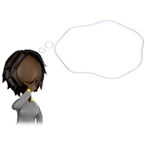 An image of a woman figure thinking while standing next to a blank cartoon thought bubble. A perfect image in which you can add your own text.