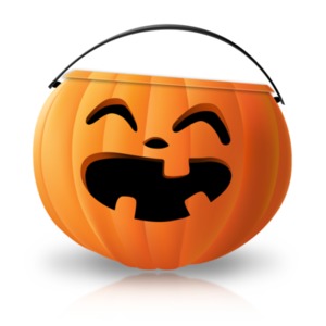 A stylized trick or treak Halloween candy pail with a grinning pumpkin face.