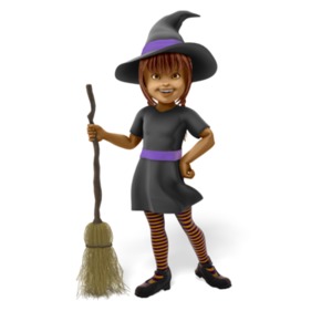 An image of a young girl appearing as a witch while standing posed holding up a broom.