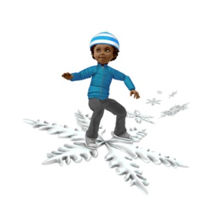 An image of a young boy wearing winter clothing riding on a snow flake, with a trail of snowflakes in the background.