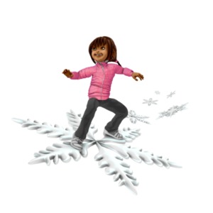 An image of a young girl wearing winter clothing riding on a snow flake, with a trail of snowflakes in the background.