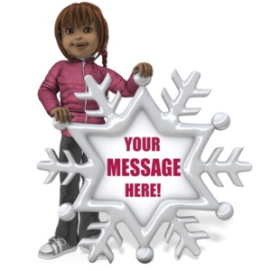 This customizable seasonal graphic shows a young girl holding a giant snowflake.