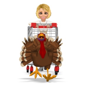 An eager woman pushes a cart as she chases a fleeing turkey.